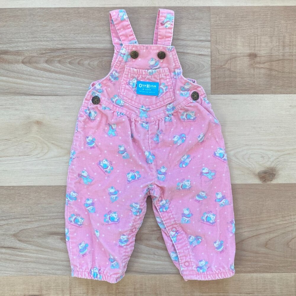 Vintage OshKosh B'Gosh Corduroy Pink Bear Print Overalls 6/9 months Made in USA